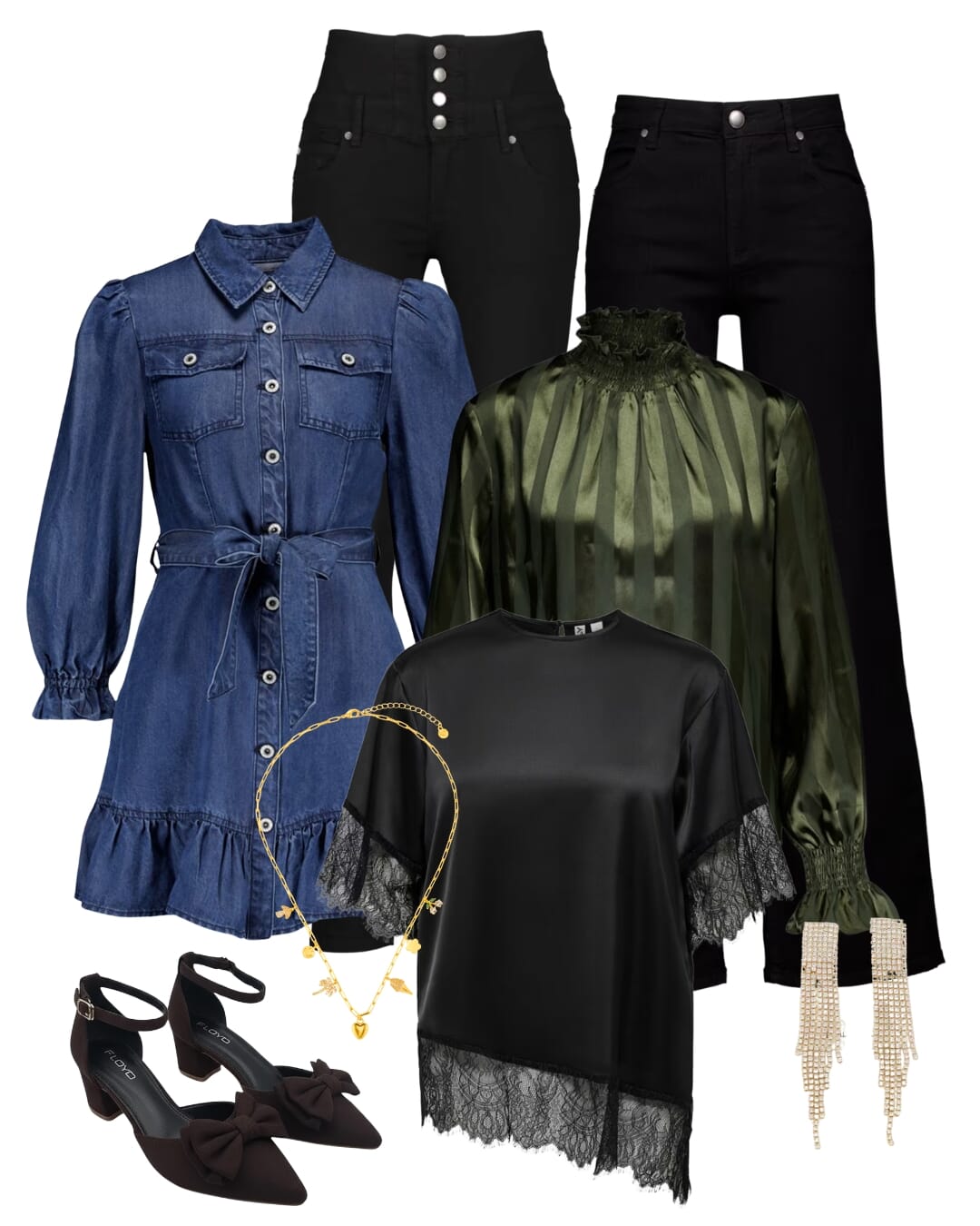 Denim til fest stylet med silkebluse, pumps og gullsmykker fra FLOYD