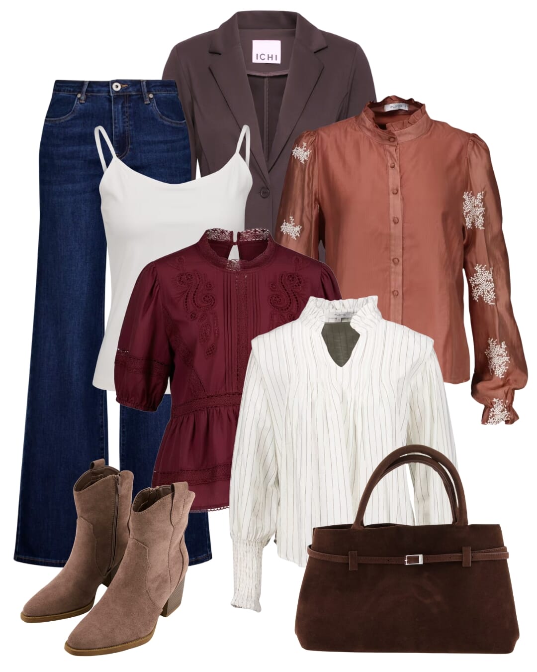 Mørke jeans stylet med blazer, bluse, boots og veske til jobb