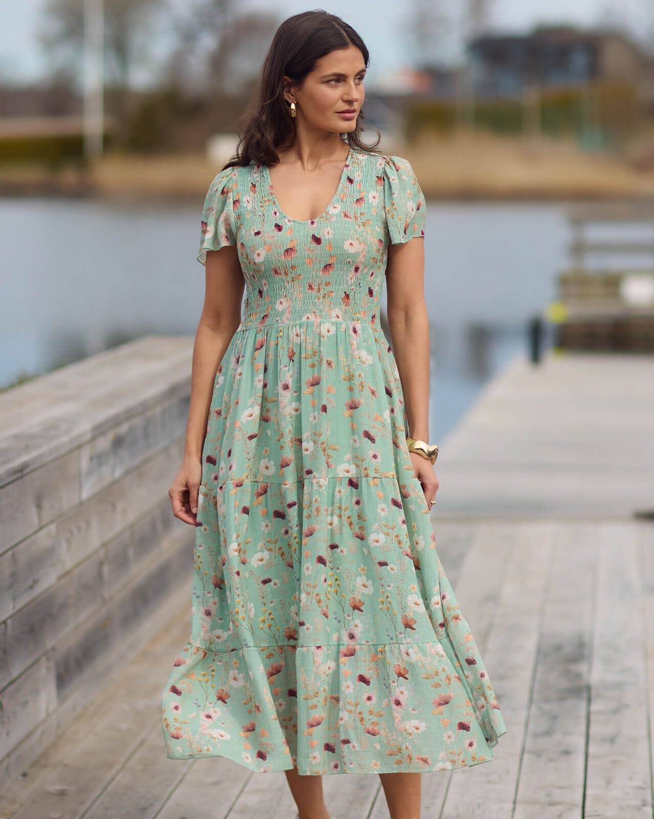 knee length dresses for ladies Audria Belted Midi Dress in Tidepool – Serafina main image 0
