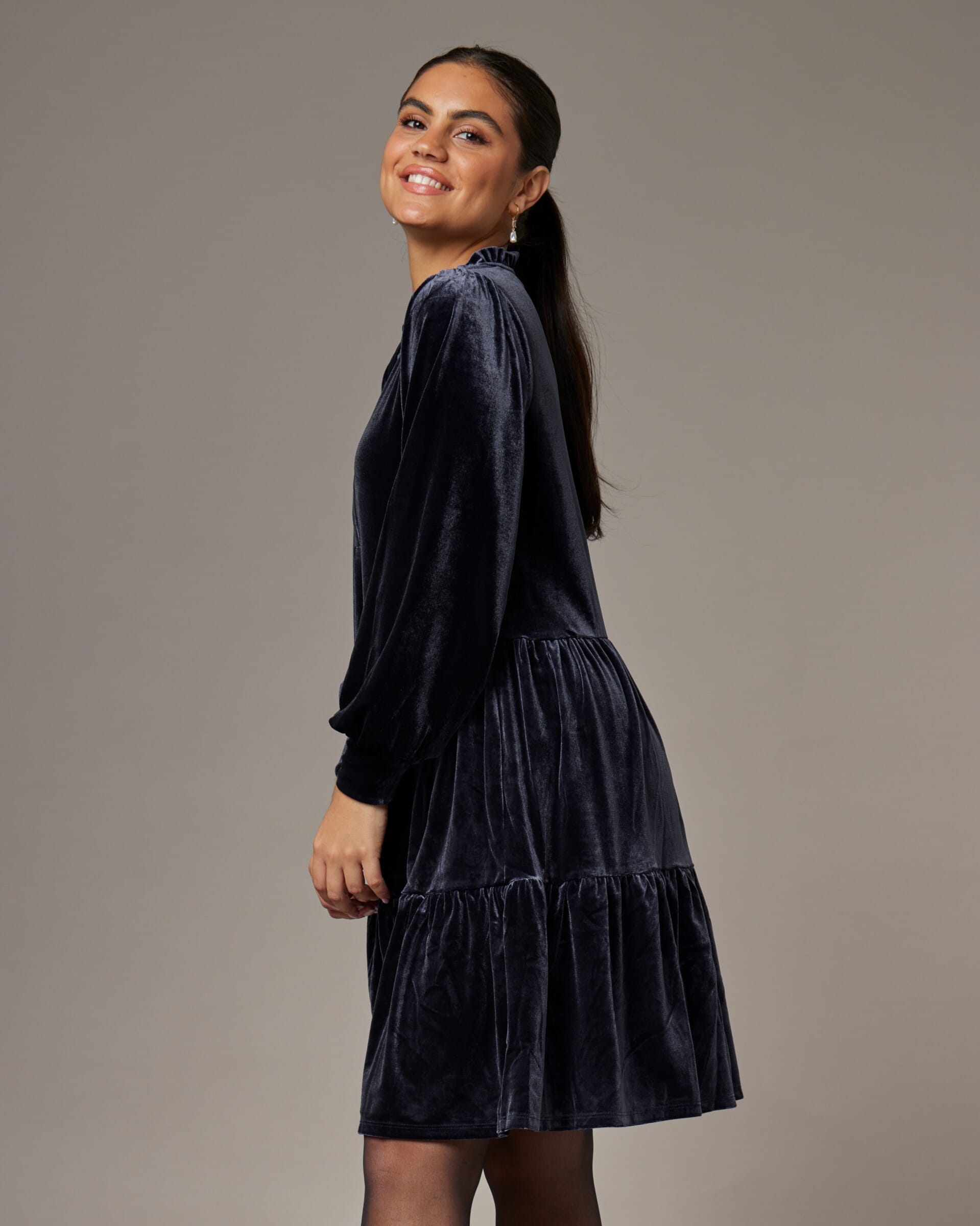 Part Two Viggase Velour Velvet Tiered Dress With Frill Neck Port