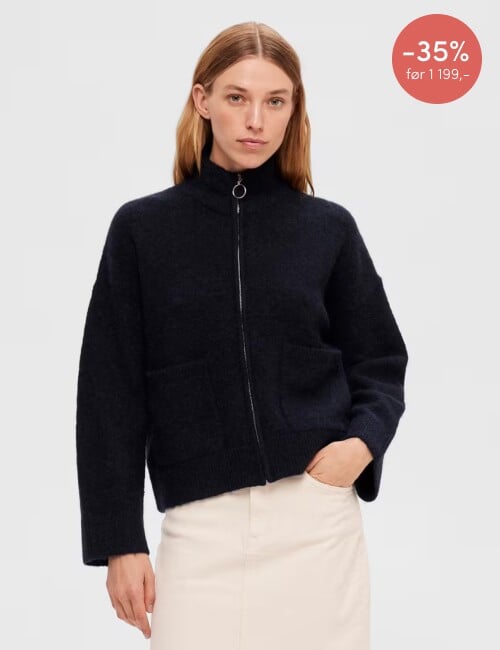 Cardigan Sia Ras Zipper Ullmiks Selected Femme Dame i strikkejakke