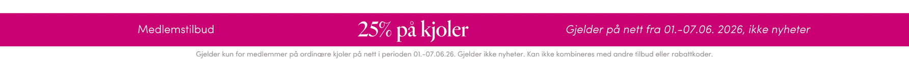 MEDLEMSTILBUD: 25% på kjoler fra 01.-07.06. 2026. Gjelder kun på nett, ikke nyheter | FLOYD.no